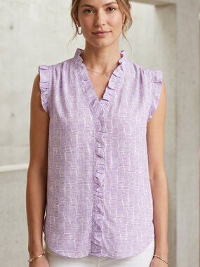 DKNY Ruffle Abstract Boho Top Lavender V Neck Chiffon Coquette Office Siren M